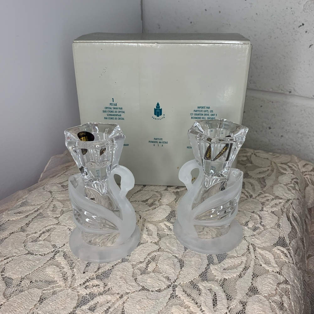 Partylite Crystal Swan Pair Taper Candle Holders